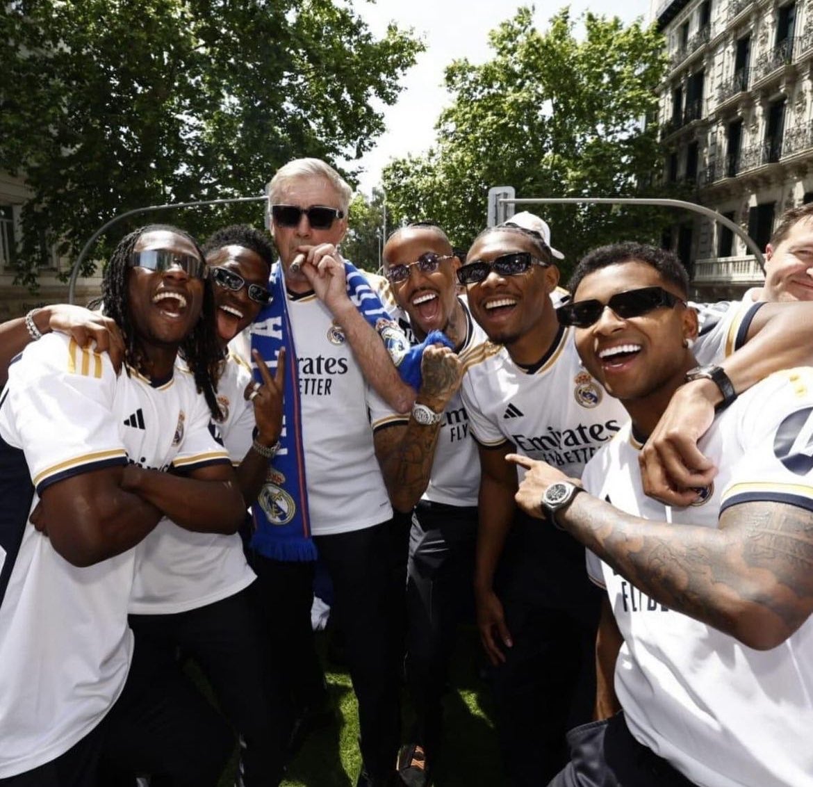 Camavinga, Vinicius, Ancelotti, Militao, Alaba y Rodrygo