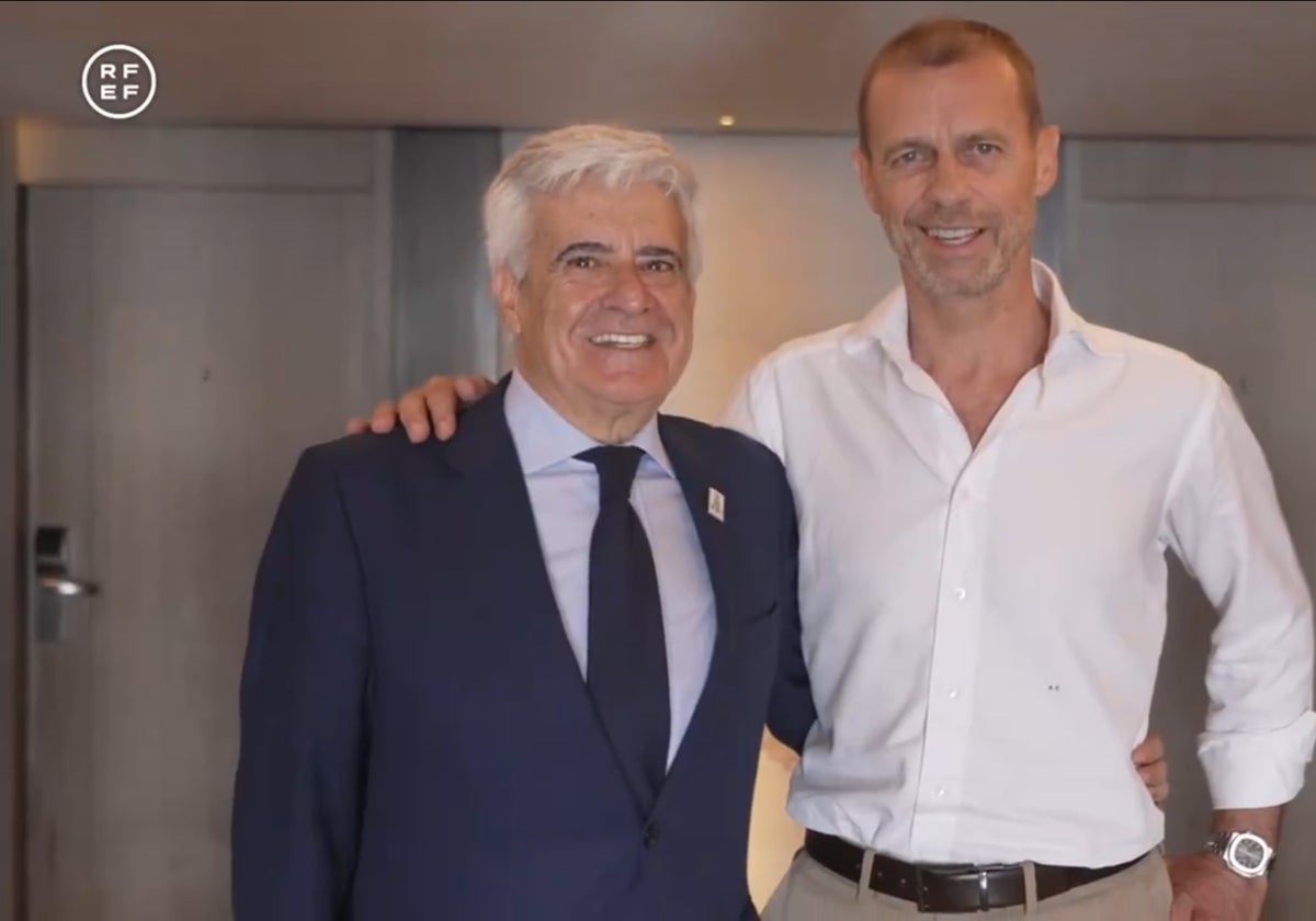 Pedro Rocha, presidente de la RFEF, junto a Aleksander Ceferin, líder de la UEFA