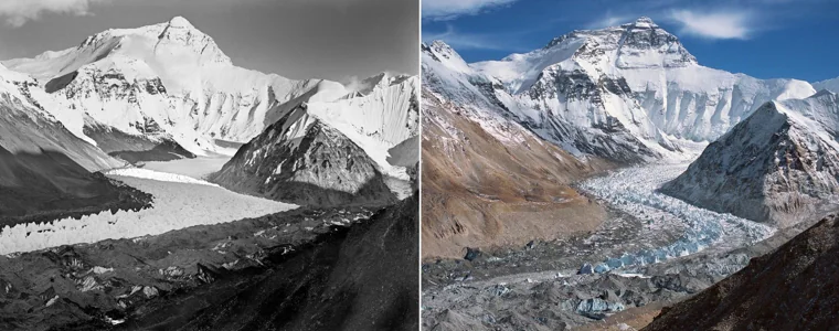 A la izquierda, foto realizada por Mallory en 1924 en el que aparece el Everest y el glaciar de Rongbuk. A la izquierda, una imagen reciente realizada desde el mismo lugar