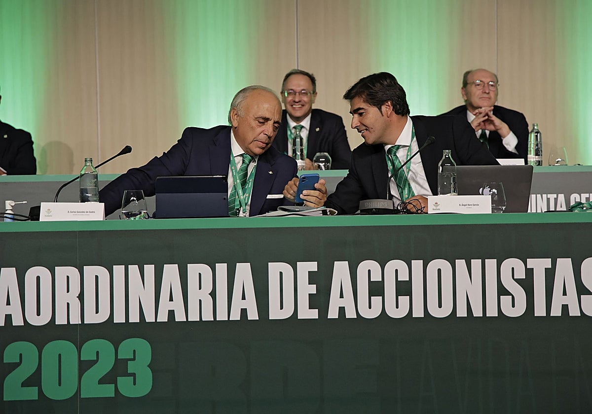 Carlos González de Castro y Ángel Haro, en la mesa presidencial de la última junta de accionistas del Betis