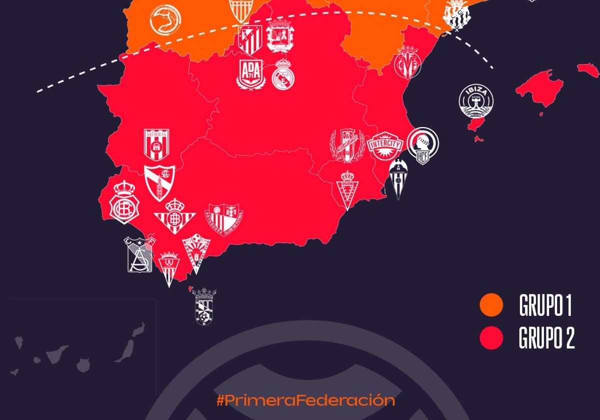 Zona sur del mapa de equipos de Primera RFEF