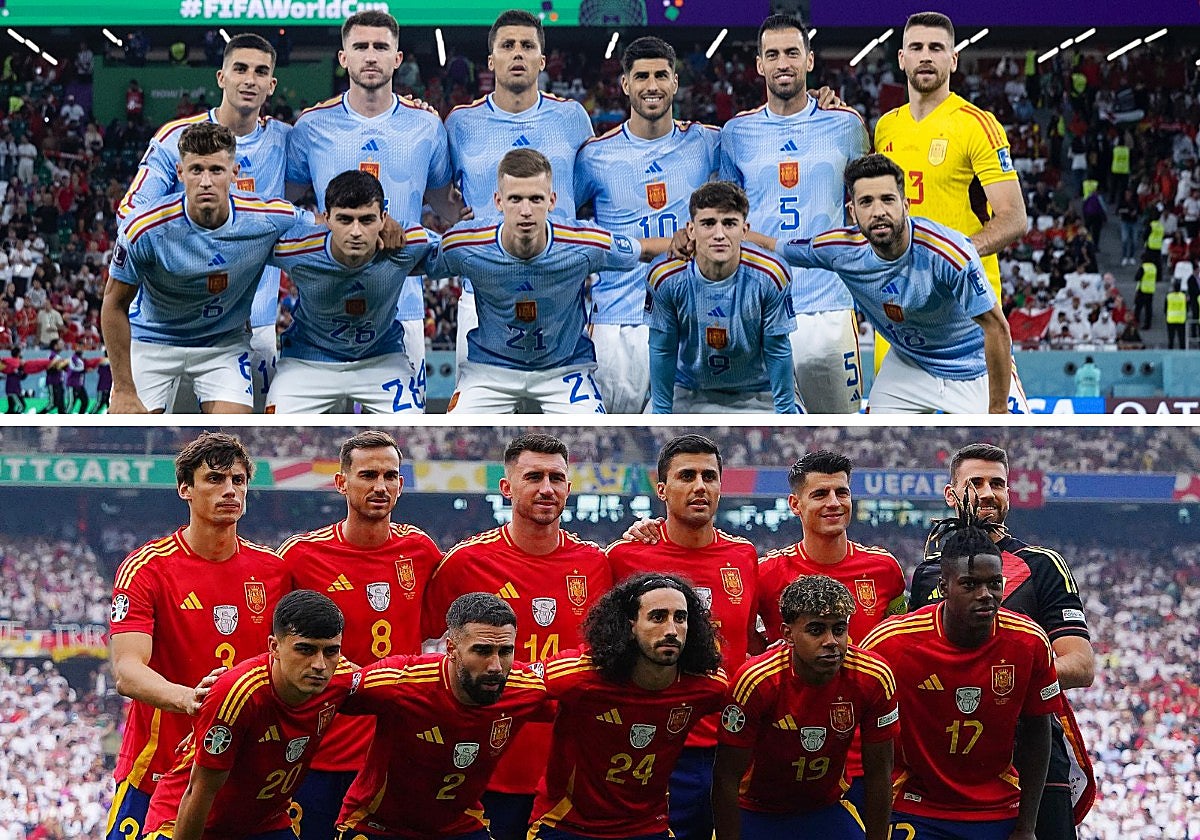 Arriba, el once inicial de Luis Enrique para los octavos del Mundial 2022 ante Marruecos. Abajo, la alineación de Luis de la Fuente el pasado martes ante Francia