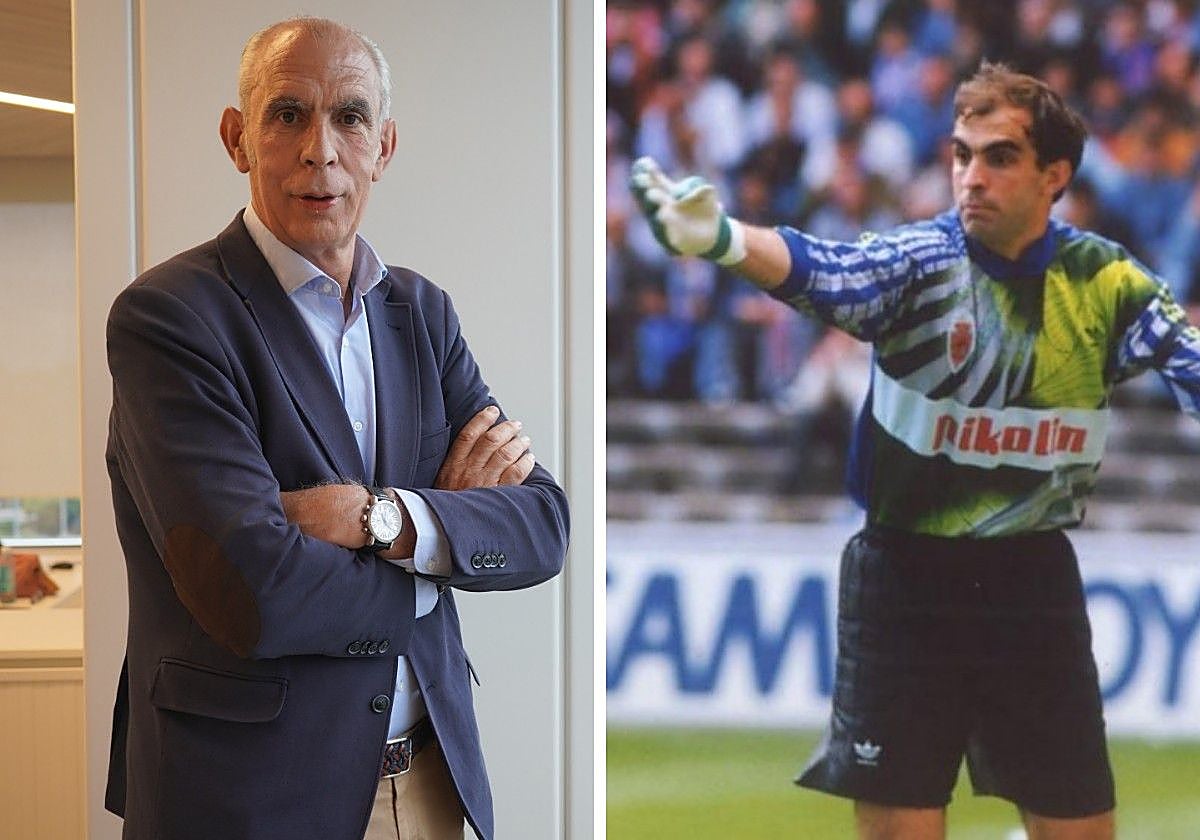 Cedrún, en la agencia de seguros en la que trabaja y de futbolista