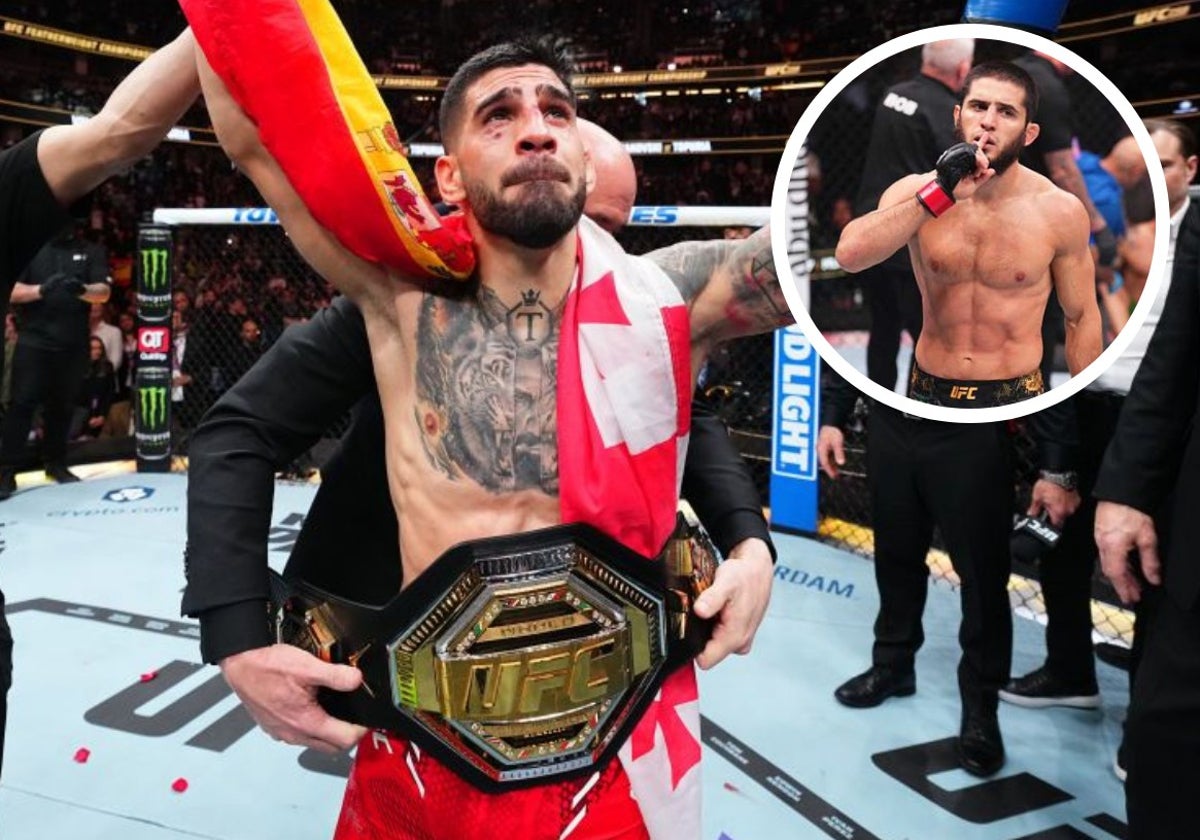 Ilia Topuria celebra su conquista del cinturón. En el círculo, Islam Makhachev