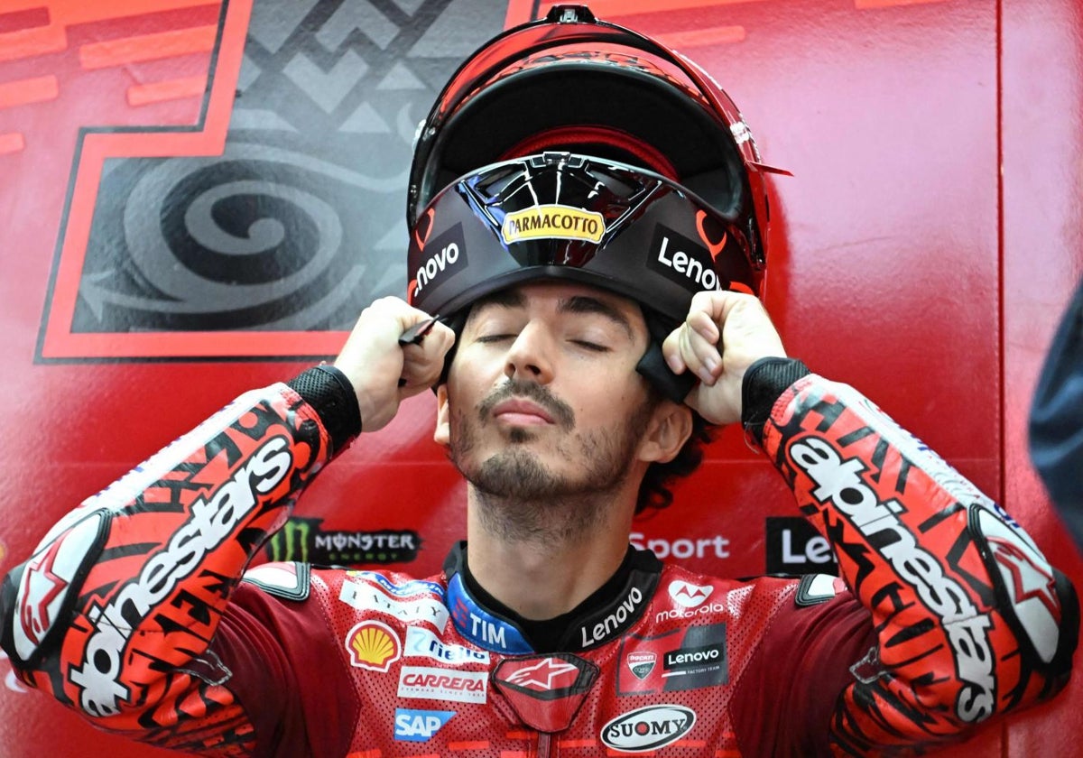 Pecco Bagnaia se coloca el casco