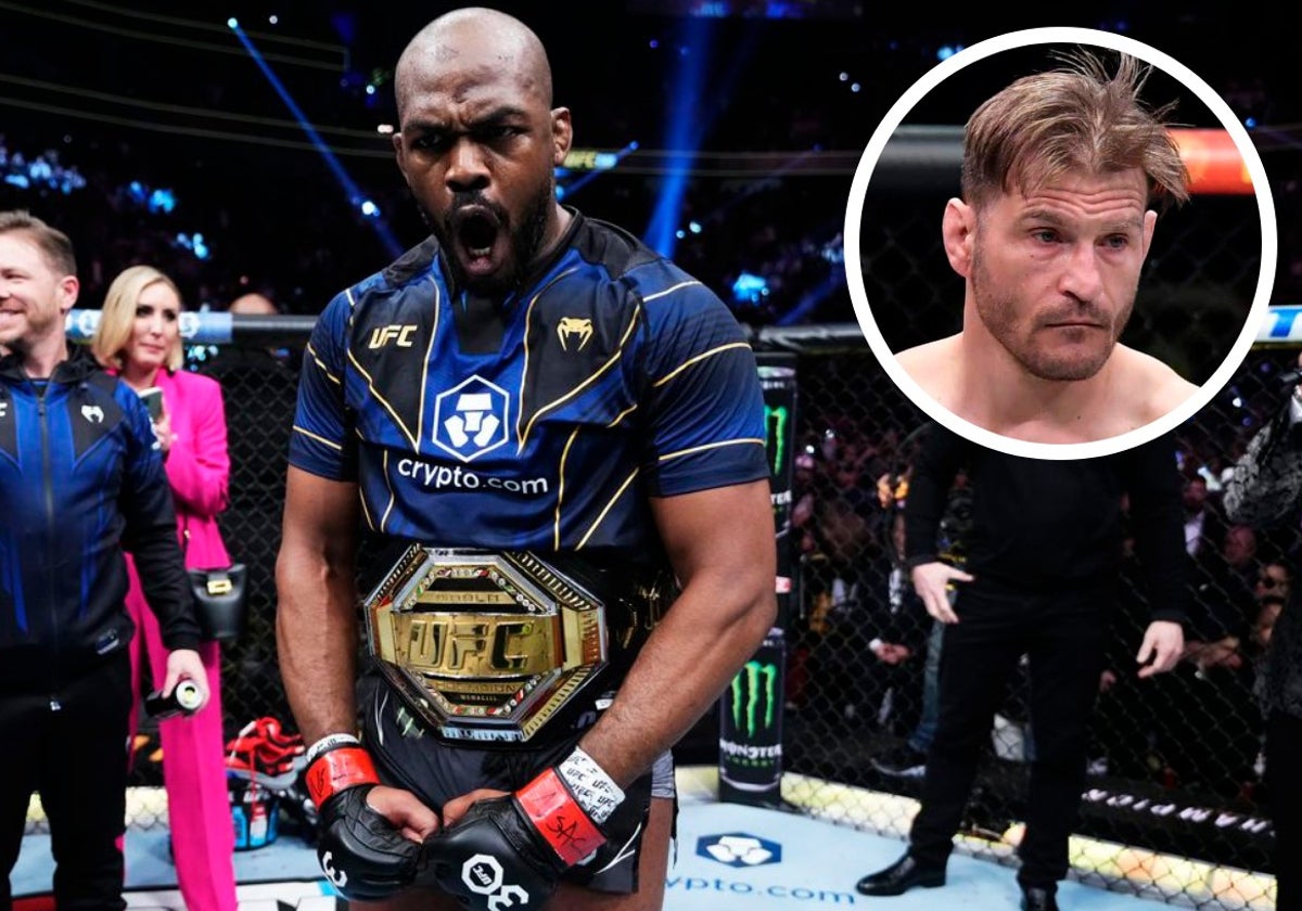 Jon Jones celebra su título del peso pesado. En el círculo, Stipe Miocic