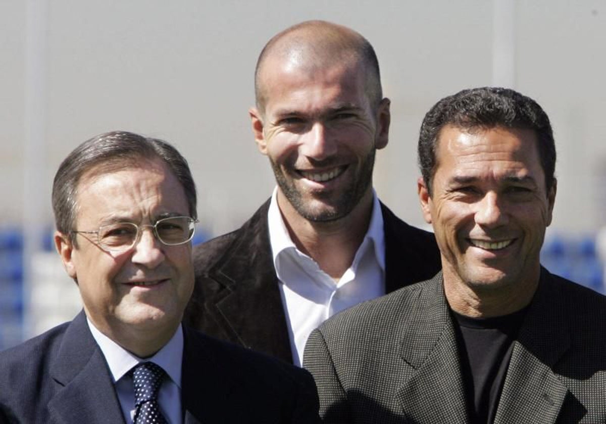 Florentino Pérez, Zidane y Vanderlei Luxemburgo, en 2005, juntos en el Real Madrid