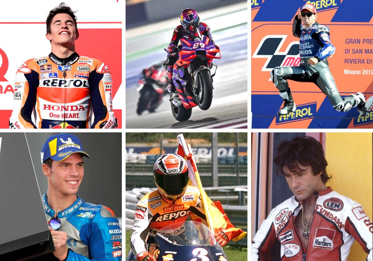 De izquierda a derecha y de arriba abajo: Marc Márquez, Jorge Martín, Jorge Lorenzo, Joan Mir, Álex Criville y Ángel Nieto