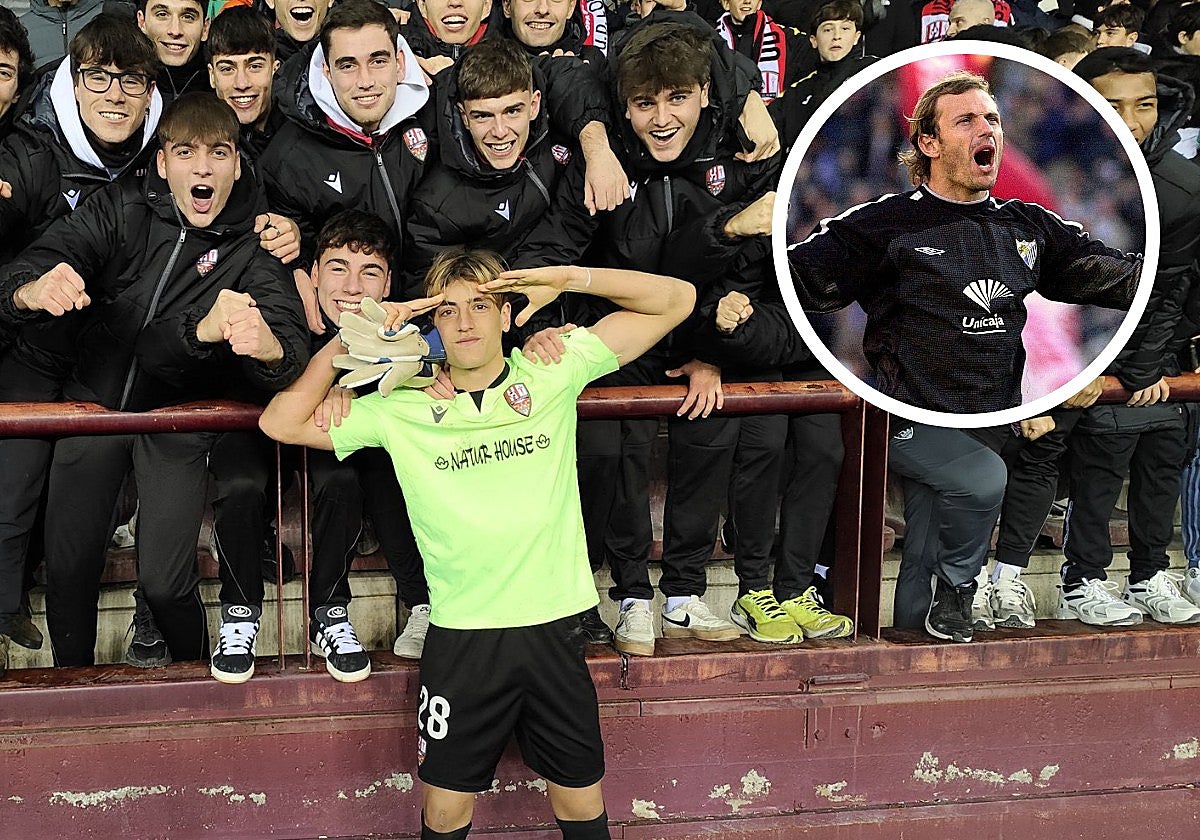 Pol Arnau celebra la victoria del Logroñés ante el Girona. Arriba, su fallecido padre, Francesc Arnau