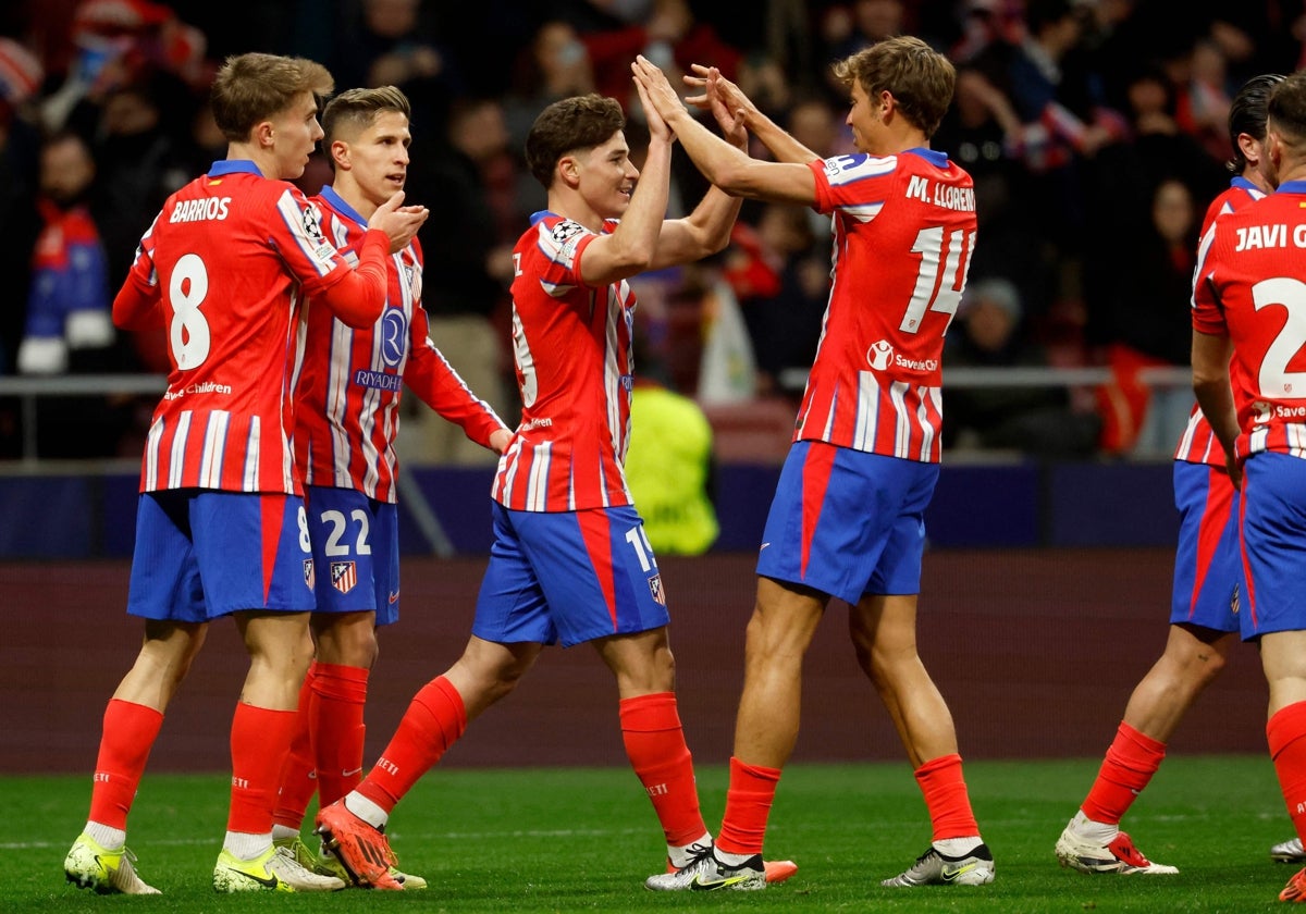 Los jugadores del Atlético celebran un gol el pasado miércoles ante el Slovan Bratislava