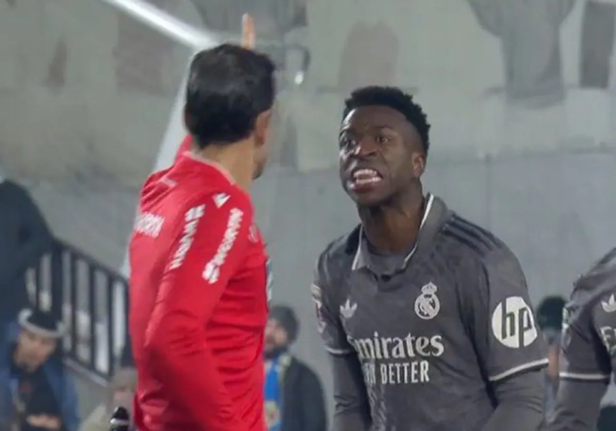 Vinicius. muy enfadado, se encara con el árbitro del Rayo-Real Madrid