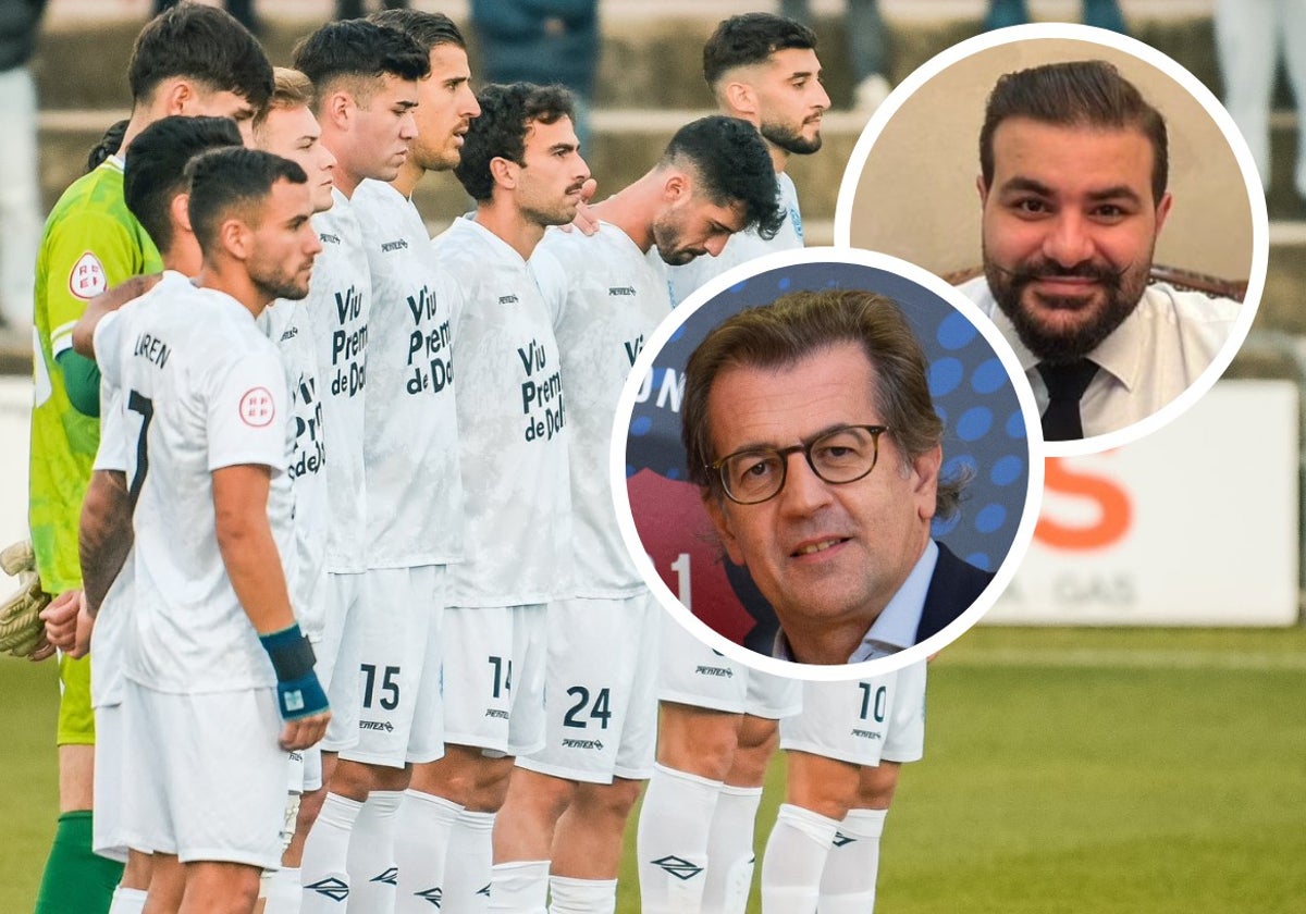 Una formación del Badalona Futur en un partido de Liga. Arriba, Toni Freixa y el empresario Sedrak Petrosyan