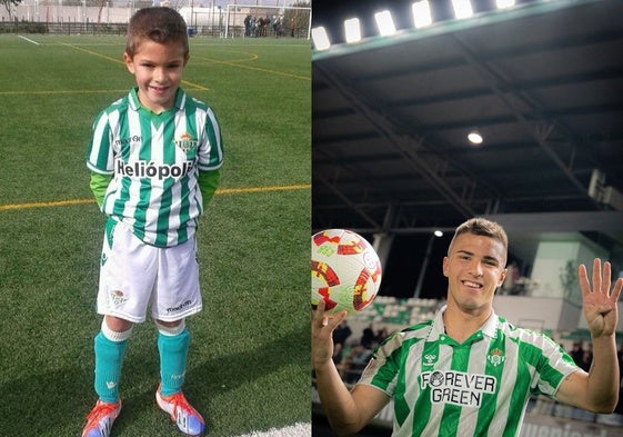 Pablo GarcÃ*a, a la izquierda, en edad prebenjamÃ*n cuando llegÃ³ a la cantera del Betis; a la derecha, tras marcarle cuatro goles al Madrid en la Copa del Rey juvenil