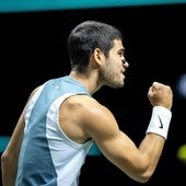 Alcaraz levanta el puño tras un punto en el partido ante Van de Zandschulp