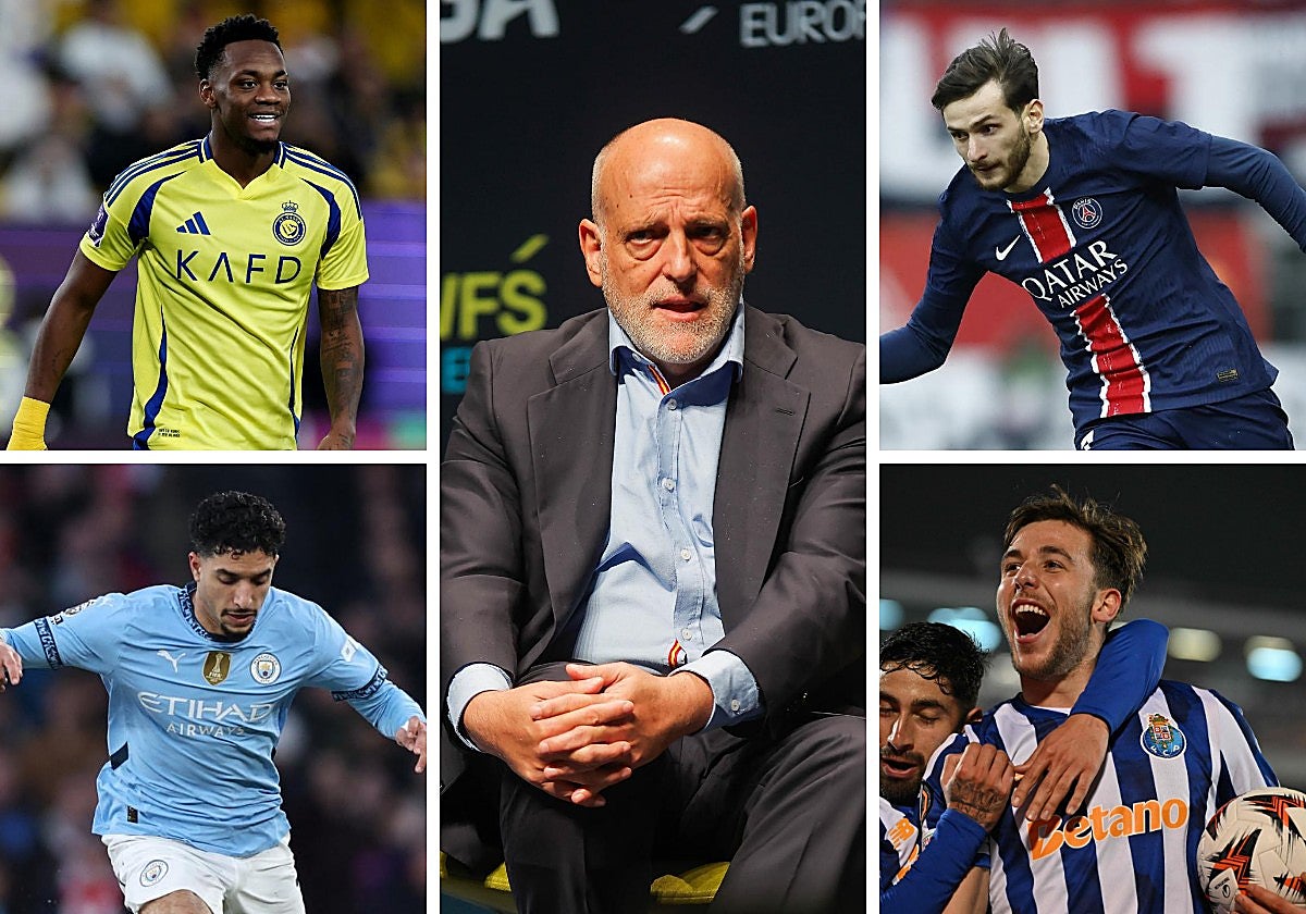 Javier Tebas, presidente de LaLiga, y Jhon Durán, Marmoush, Khvicha Kvaratskhelia y Nico González, los fichajes más caros del mercado de invierno