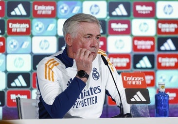 Carlo Ancelotti, en la sala de prensa de Valdebebas