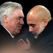 Ancelotti y Pep, saludándose antes del partido