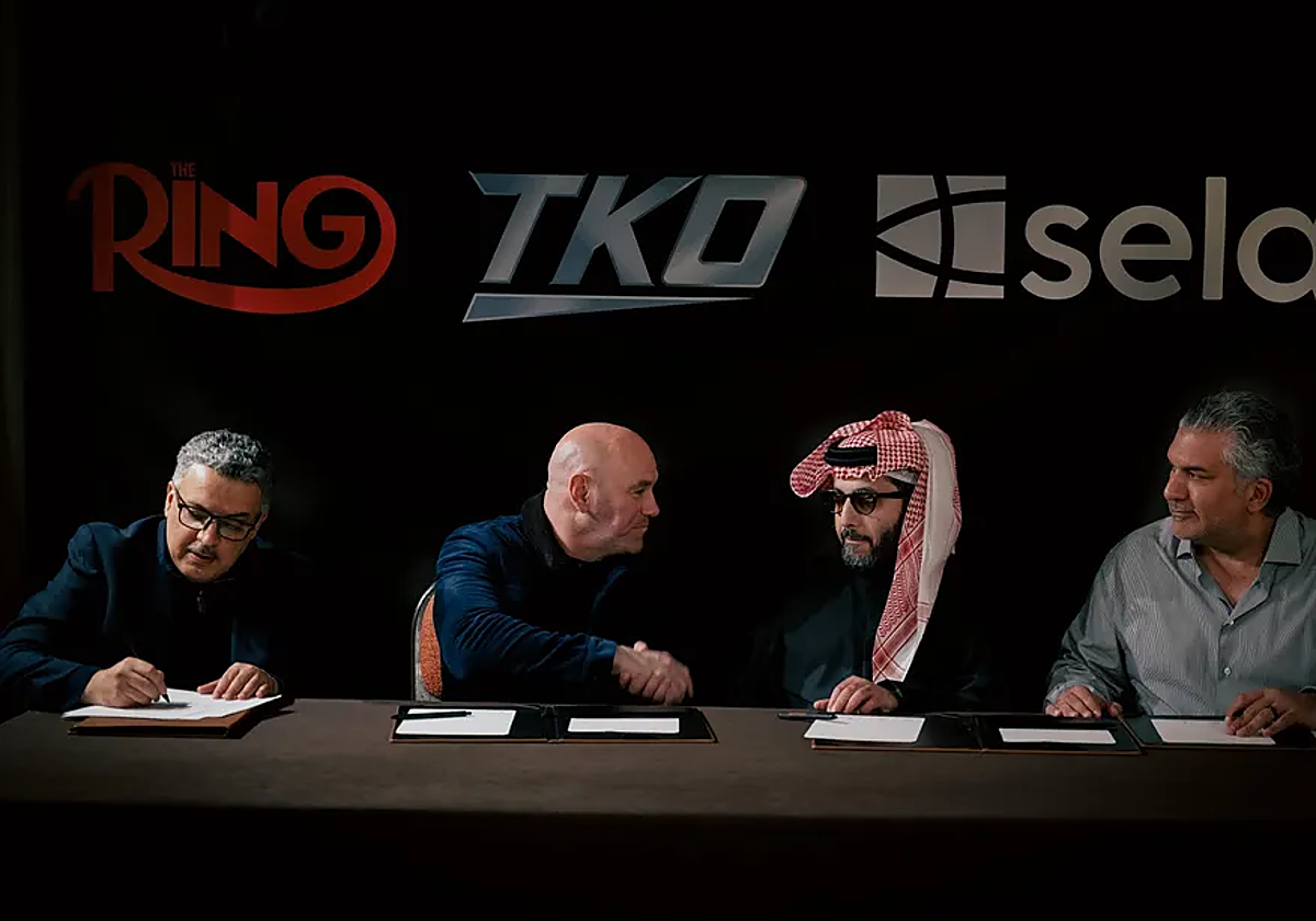 Dana White, Turki Alalshikh y Nick Khan en la presentación