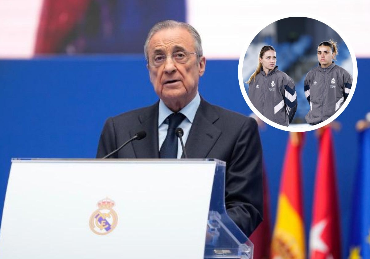 Florentino Pérez, presidente del Real Madrid. Arriba, Leupolz y Misa Rodríguez, futbolistas del conjunto blanco