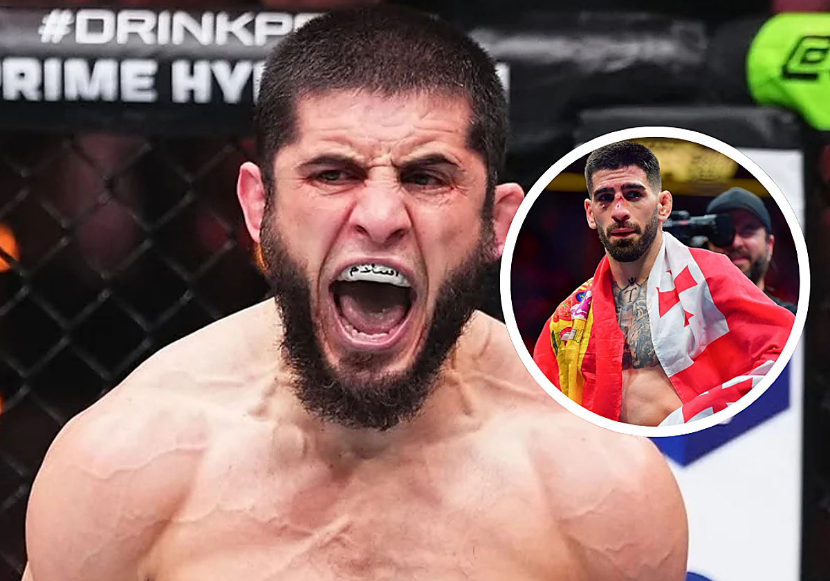 Islam Makhachev tras su útlimo combate. En el círculo, Ilia Topuria