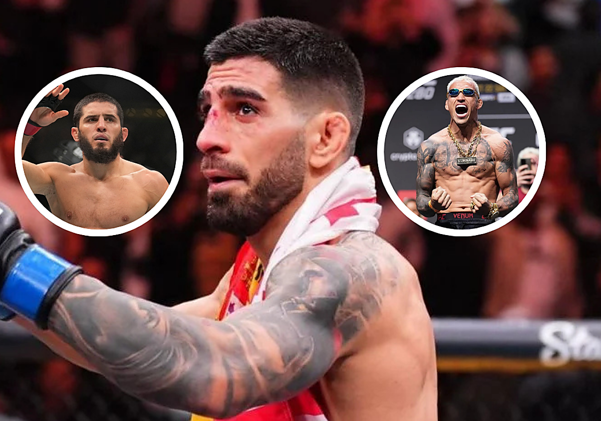 Ilia Topuria. En los círculos, Islam Makhachev y Charles Oliveira