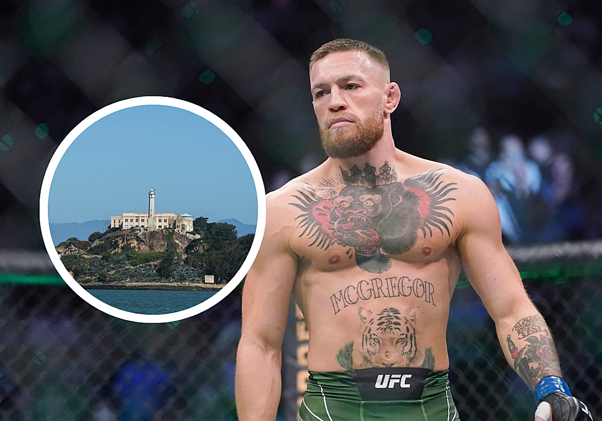Conor McGregor en uno de sus combates. En el círculo, la prisión de Alcatraz