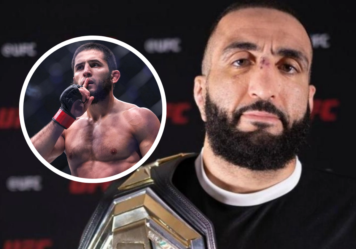 Belal Muhammad con el cinturón de campeón. En el círculo, Islam Makhachev