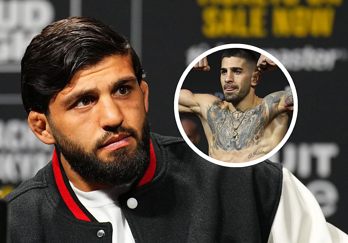 Arman Tsarukyan en una rueda de prensa. En el círculo, Ilia Topuria