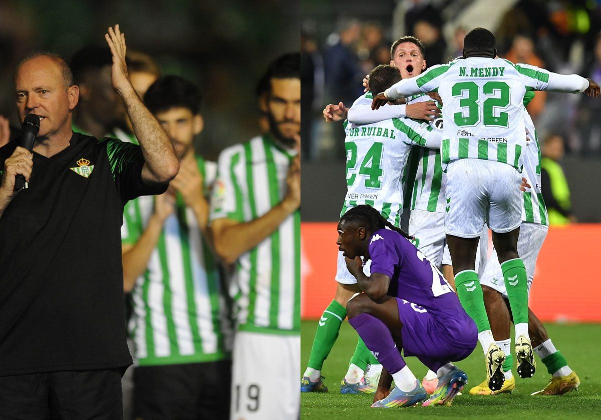 A la izquierda, Pepe Mel se dirige a los béticos tras el ascenso de 2015 ante el Alcorcón, con Jorge Molina detrás; a la derecha, los jugadores del Betis celebran en el Artemio Franchi el pase a la final de la Conference