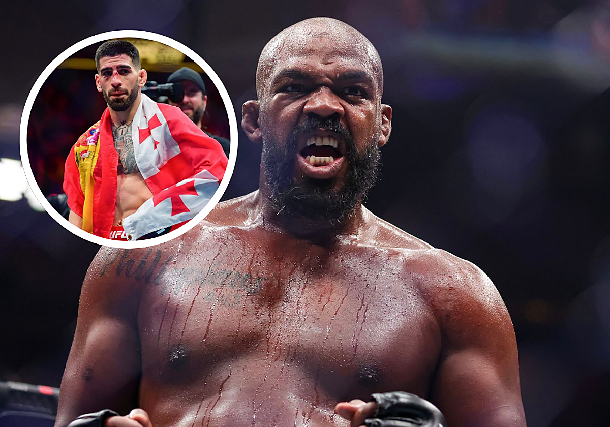 Jon Jones tras ganar uno de sus combates. En el círculo, Ilia Topuria