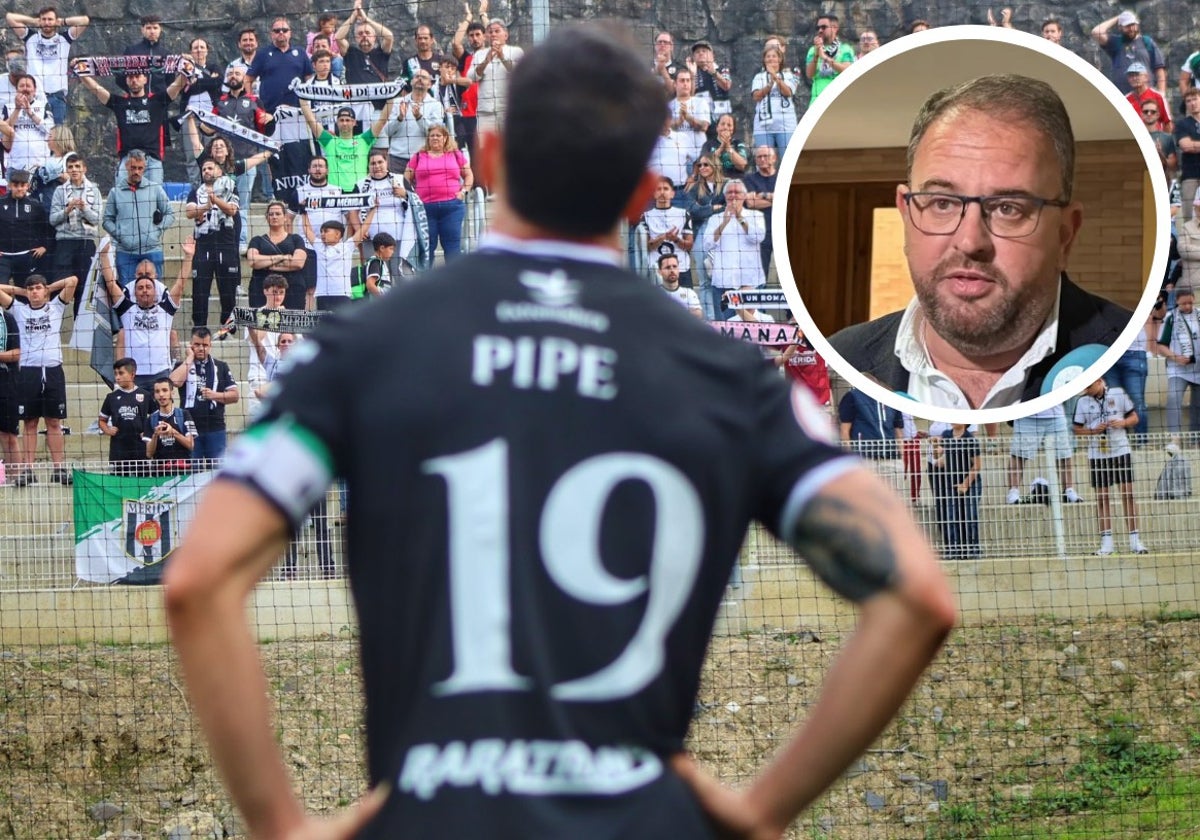 Pipe, jugador del Mérida, ante la afición del equipo extremeña desplazada a Zubieta. Arriba, el alcalde, Antonio Rodríguez Osuna