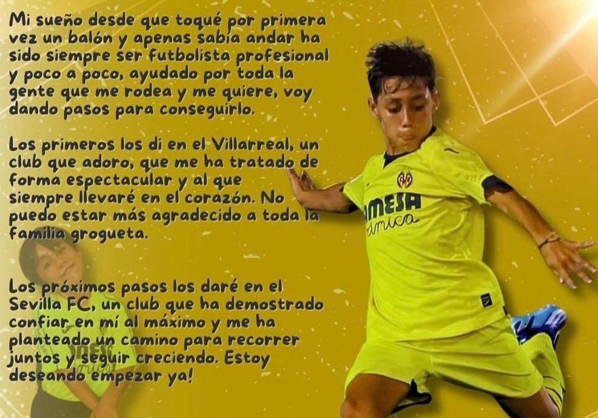 El infantil Carlos Alós anuncia en redes con un comunicado que deja el Villarreal y ficha por el Sevilla