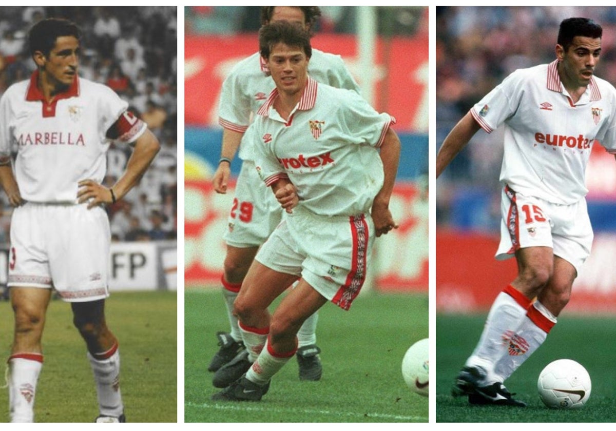 Manolo Jiménez, Matías Almeyda y Salva Ballesta, en su etapa de jugadores del Sevilla FC