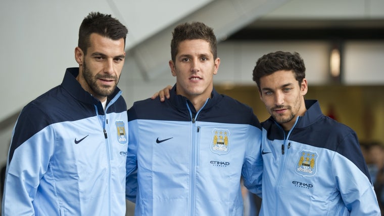 Álvaro Negredo, Jovetic y Jesús Navas, durante su paso por el Manchester City