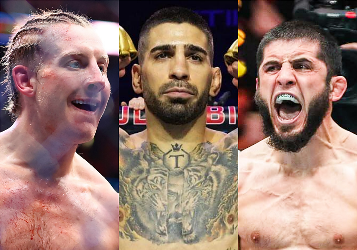 Paddy Pimblett, Ilia Topuria e Islam Makhachev, de izquierda a derecha