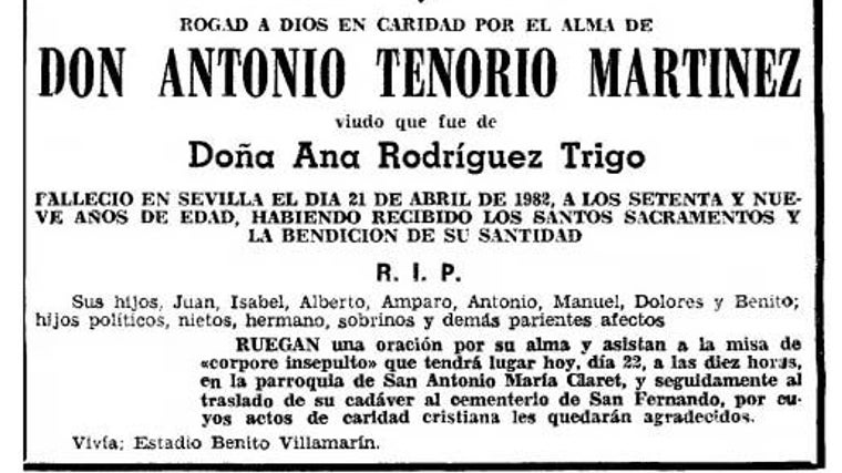 La esquela de Antonio Tenorio, padre de Alberto Tenorio, en 1982