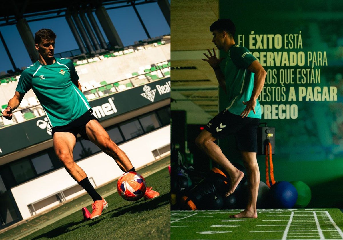 A la izquierda, Diego Llorente realiza ejercicios con balón sobre el césped; a la derecha, Marc Roca se ejercita en el gimnasio