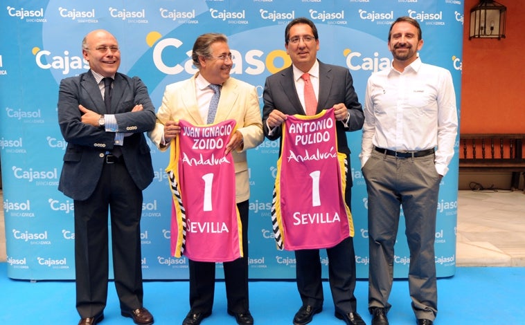 Main image - Top, Juan Carlos Ollero, Juan Ignacio Zoido, Antonio Pulido, and Joan Plaza; bottom left, Tomeu Rigo, Scott Bamforth, and Pierre Oriola; bottom right, Shannon Evans wearing the Coosur Betis jersey