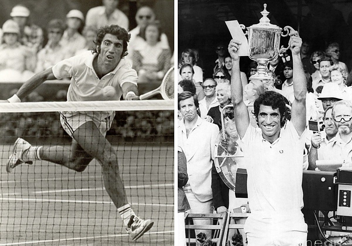 Orantes, jugando durante el torneo y levantando el trofeo tras ganar la final