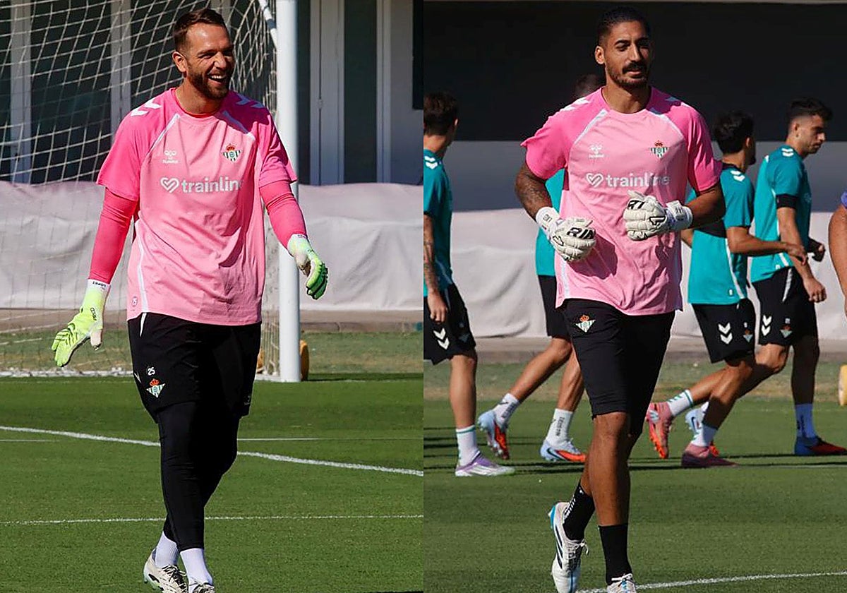 Pau López y Álvaro Valles, durante el entrenamiento del Betis en la ciudad deportiva Luis del Sol