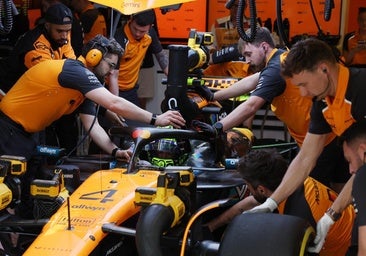 Los mecánicos de McLaren trabajan en el coche de Norris