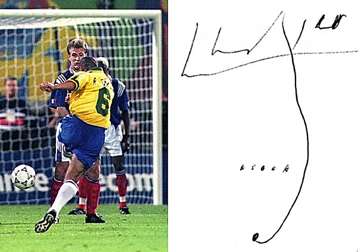 El gol de Roberto Carlos con Brasil ante Francia dibujado por él.