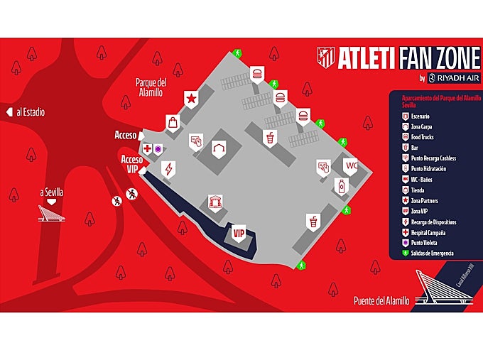 Mapa de la fanzone del Atlético de Madrid en Sevilla durante la final de la Copa del Rey