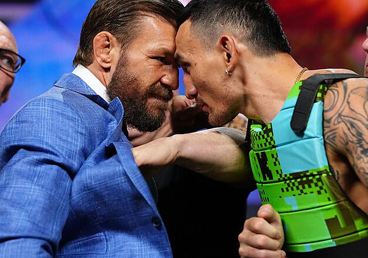 McGregor le tira las gafas de sol a Holloway en el primer careo y le avisa: «El sábado será tu pelea de retiro»