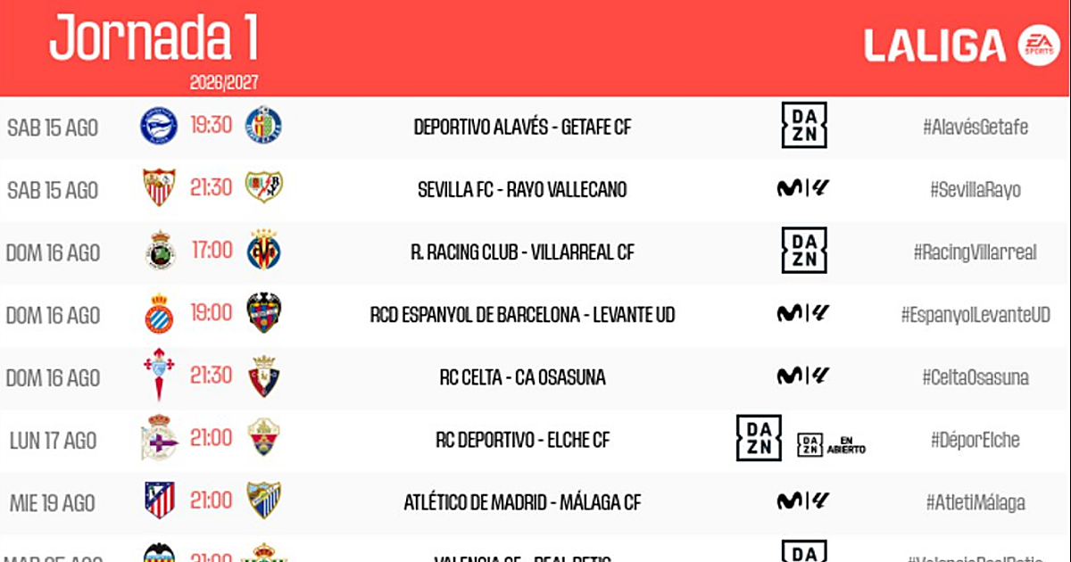 Liga 26-27: estos son los horarios de las primeras jornadas de Primera división