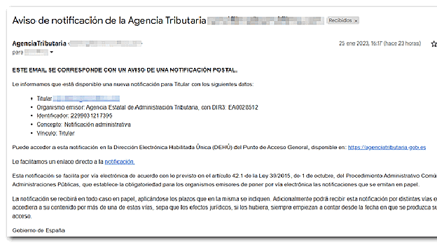 Estafa con notificación falsa de la Agencia Tributaria