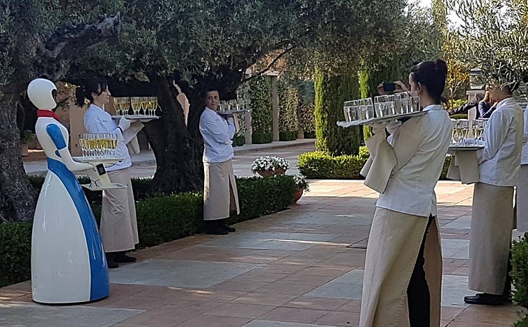 Imagen principal - Arriba, el robot camarero de Future Vive. Abajo a la izquierda, el robot de la empresa Techtics, diseñado para limpiar las playas. Abajo a la derecha, robots de la empresa Bumerania.