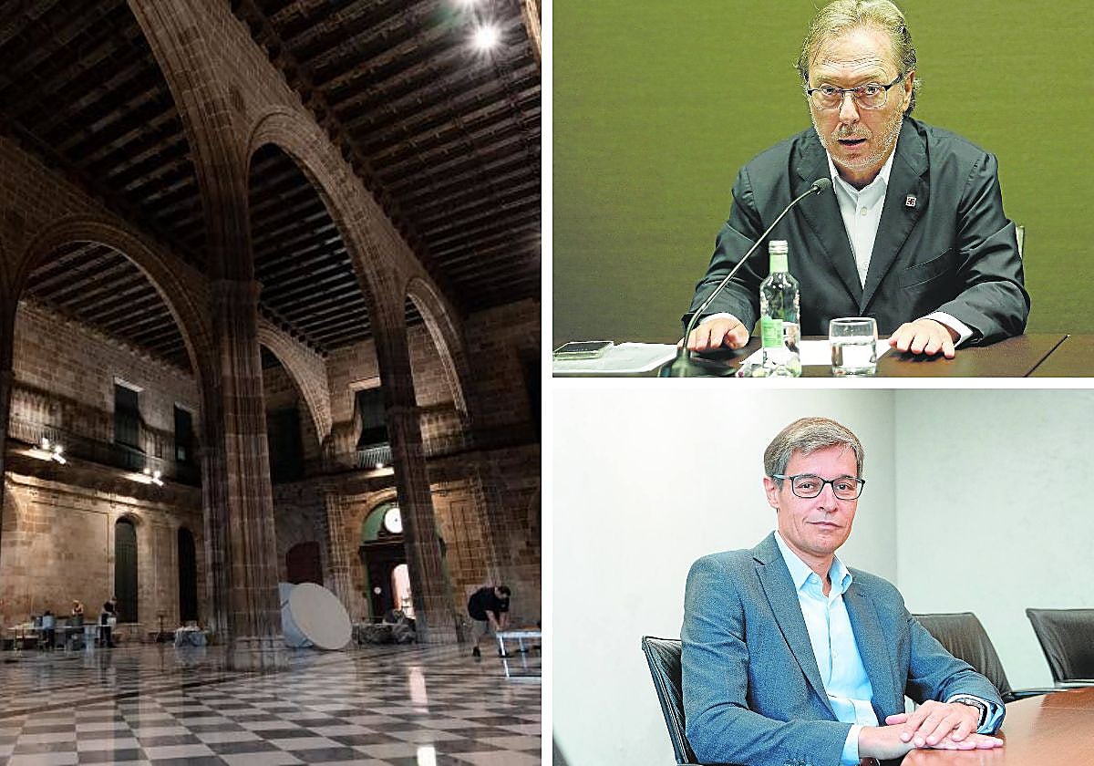 A la izquierda, sala de contratación del edificio histórico de la Lonja. Arriba, Josep Santacreu. Debajo, Toni Fitó