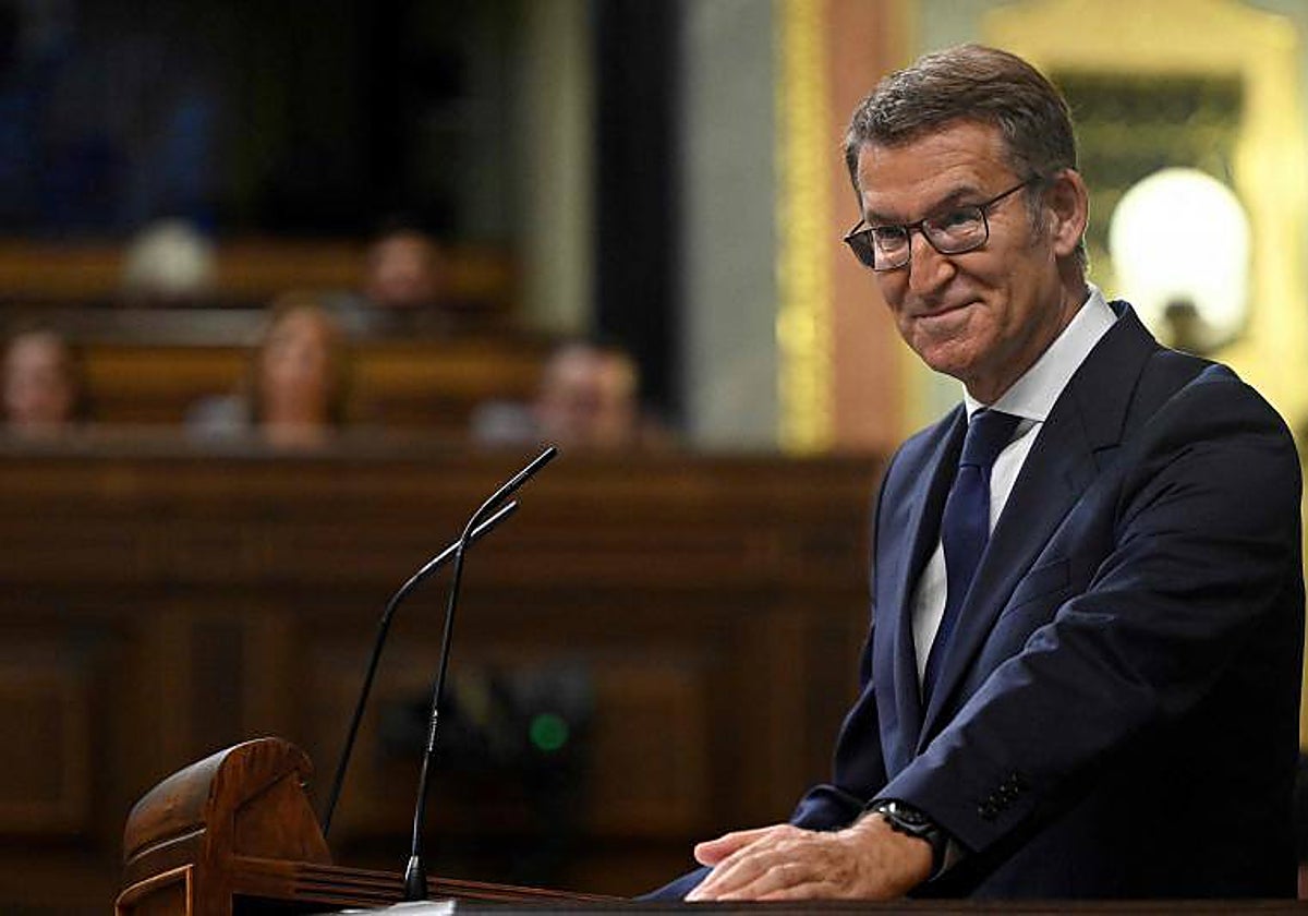 El candidato a la Presidencia del Gobierno del PP, Alberto Núñez Feijóo, durante su intervención del Congreso