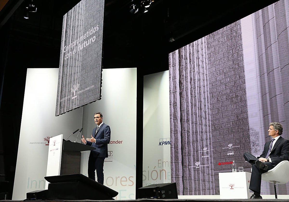 El presidente Pedro Sánchez, durante su primera y única intervención ante la Empresa Familiar